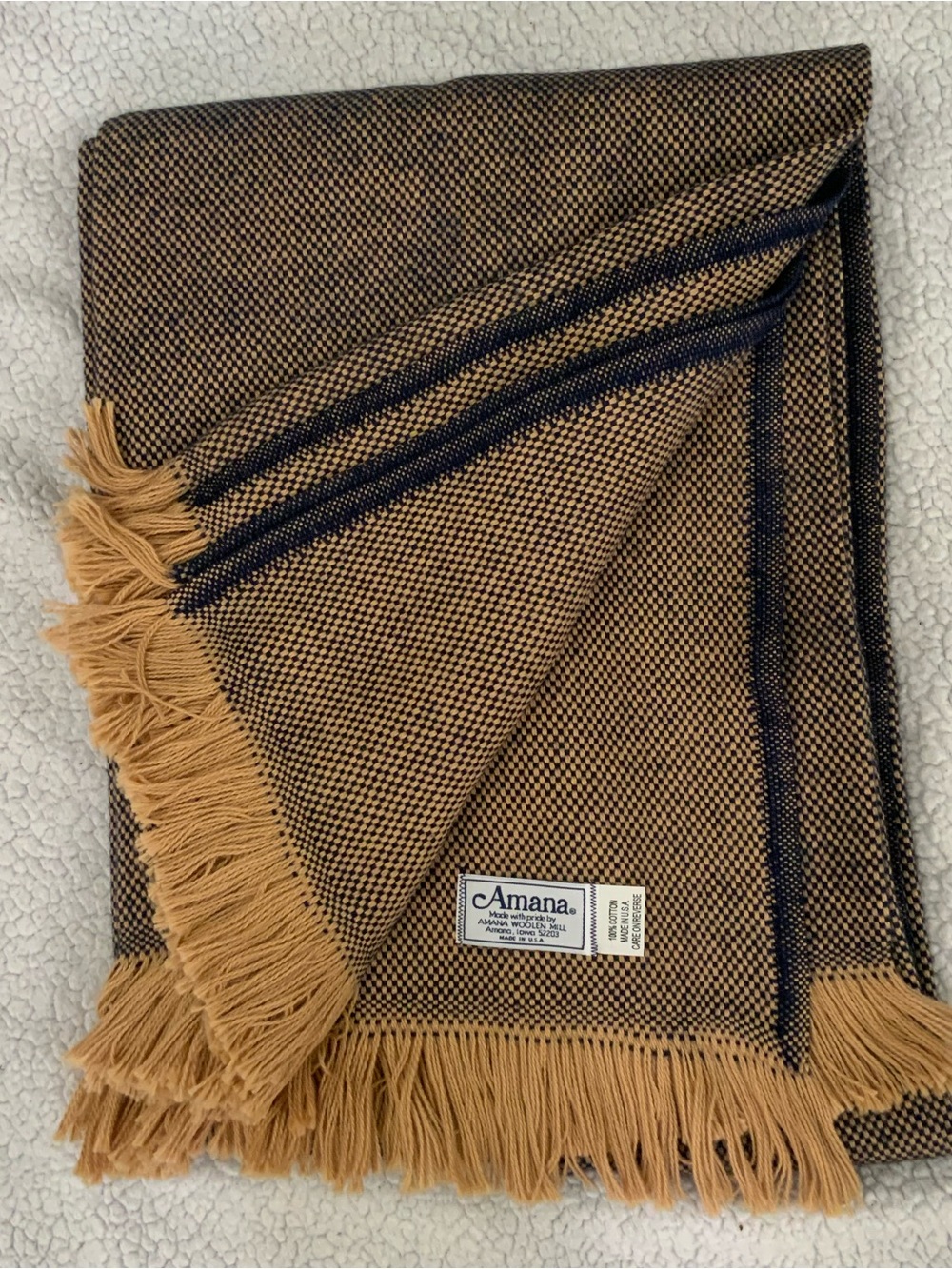 Amana Woolen Mill Blanket Throw 100% Cotton Navy Tan 73x55” Fringe USA New